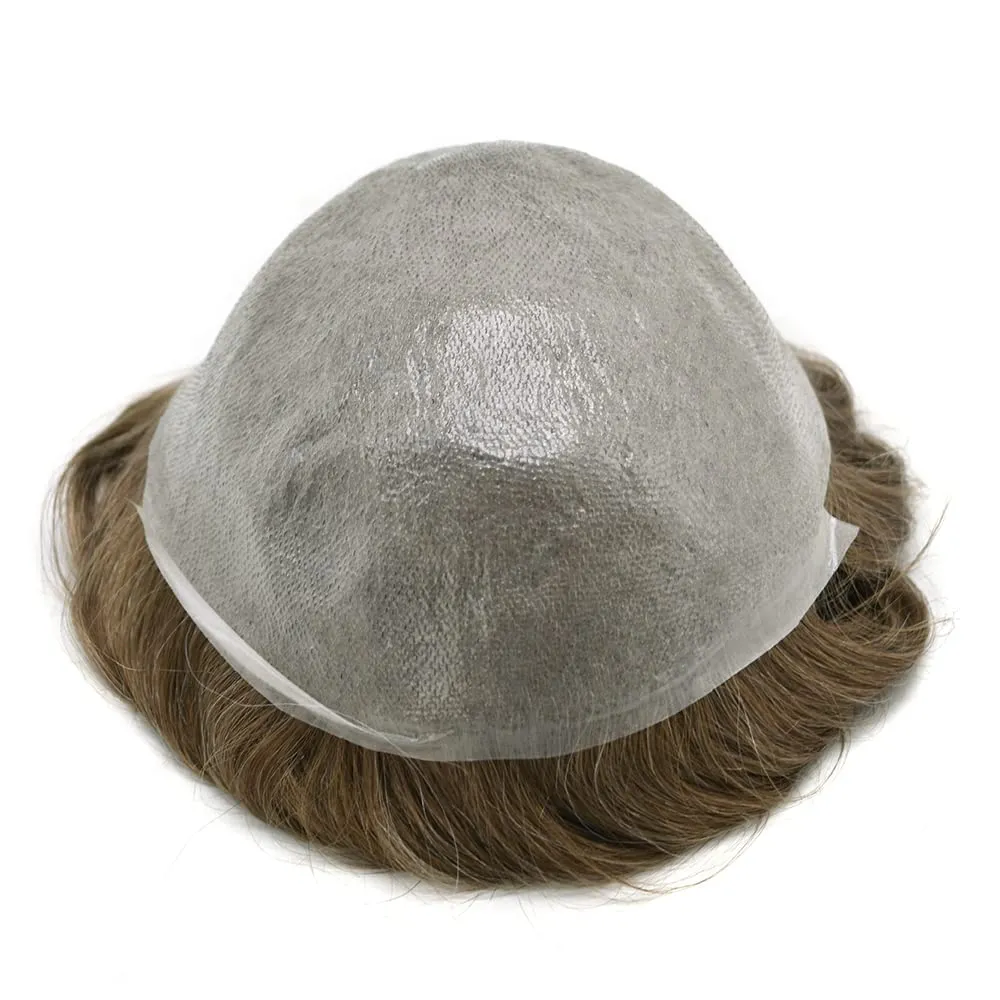 Toupee for Men Hair Replacement System 0.04mm V-Loop Ulta Thin Skin European Human Hair Piece Invisible Mens Hair Toupee Male Wig Units (7X9"-90% Light Density, BROWN/BLONDE MIX WARM TONE 17R#)