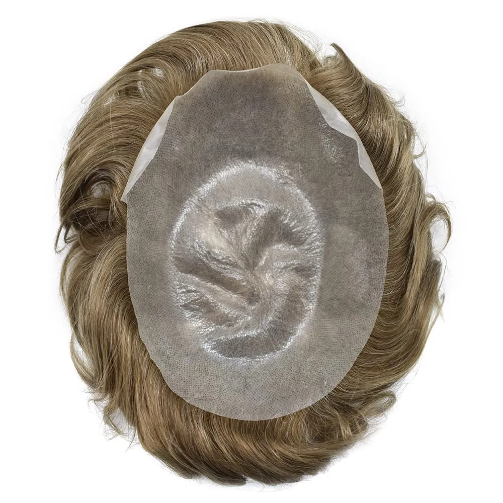 Toupee for Men Hair Replacement System 0.04mm V-Loop Ulta Thin Skin European Human Hair Piece Invisible Mens Hair Toupee Male Wig Units (7X9"-90% Light Density, BROWN/BLONDE MIX WARM TONE 17R#)