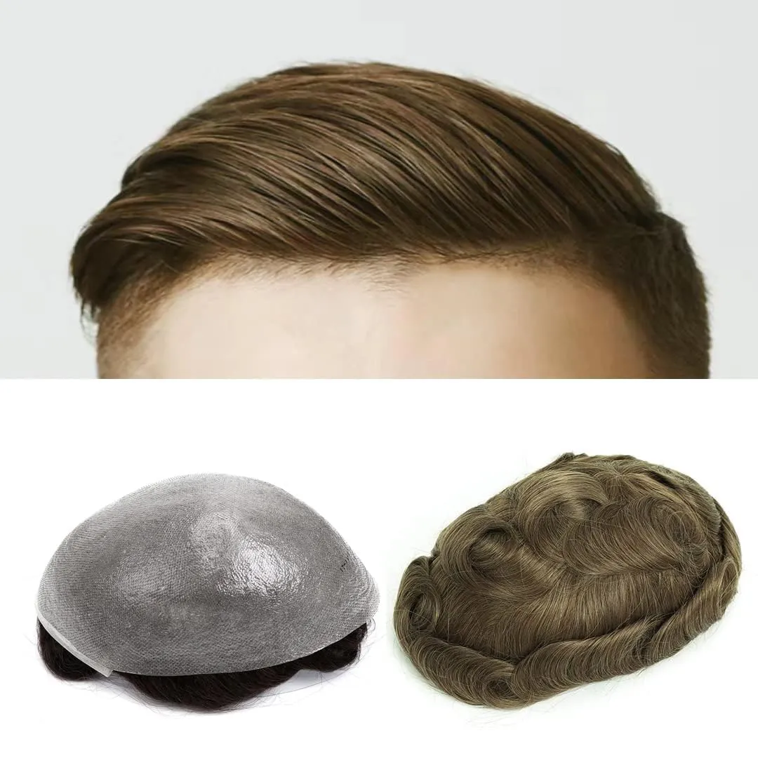 Toupee For Men Super Thin Skin Mens Toupee 0.04mm Ultra Thin Skin V-loop Hair System For Men 8x10 Inches Human Hair HairPiece Black Brown Blonde Gray Hairpiece Wig (310# Dark Brown With 10% Gray)