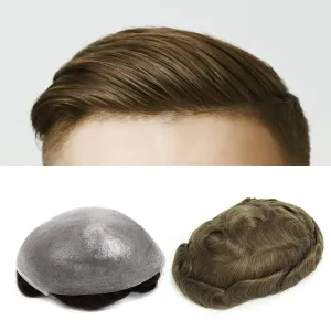Toupee For Men Super Thin Skin Mens Toupee 0.04mm Ultra Thin Skin V-loop Hair System For Men 8x10 Inches Human Hair HairPiece Black Brown Blonde Gray Hairpiece Wig (310# Dark Brown With 10% Gray)