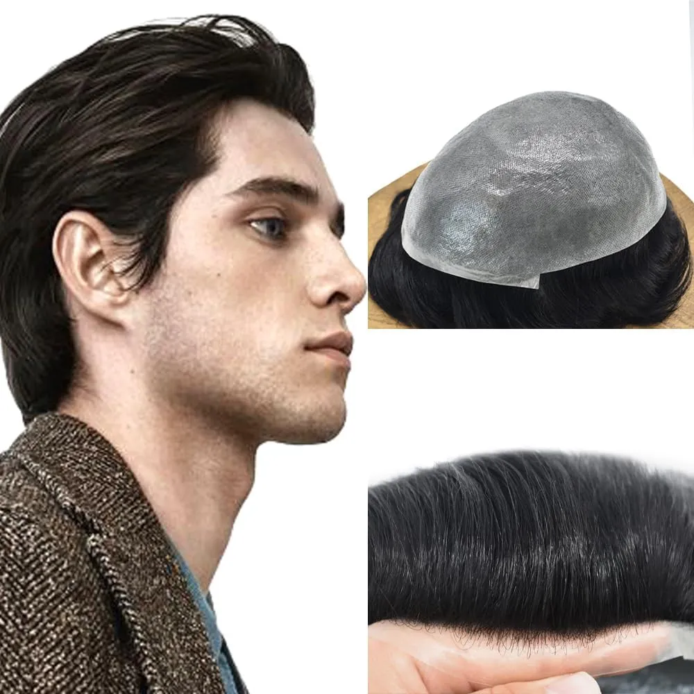 Toupee For Men Ultra Thin Skin Mens Toupee Human Hair V-Looped Natural Hairline Hairpiece Prosthesis For Men Hair Replacement Systems8*10"-100% density#1 Jet Black