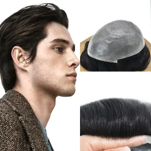Toupee For Men Ultra Thin Skin Mens Toupee Human Hair V-Looped Natural Hairline Hairpiece Prosthesis For Men Hair Replacement Systems8*10"-100% density#1 Jet Black