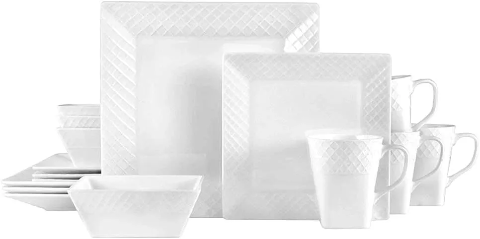 Trellis White Square 16 Piece Dinnerware Set, Service For 4