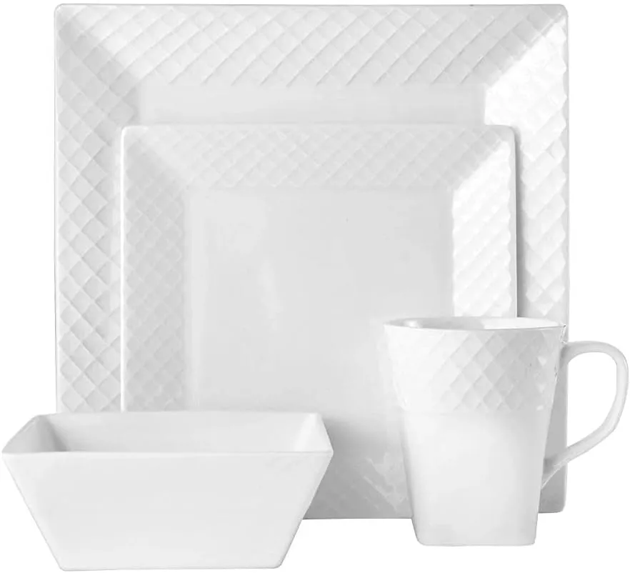 Trellis White Square 16 Piece Dinnerware Set, Service For 4