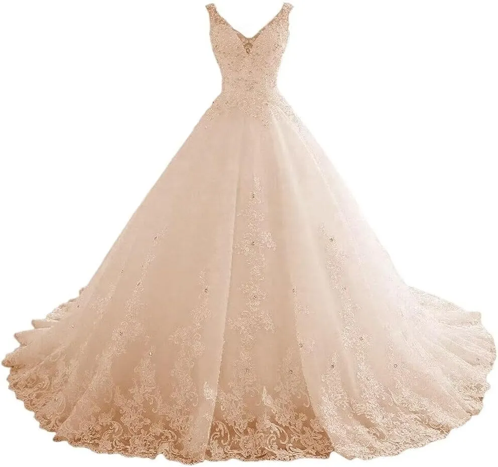 TRHTX Women's V Neck Lace Wedding Dresses for Bride Beaded Appliques Bridal Gowns Sleeveless White Wedding Gowns