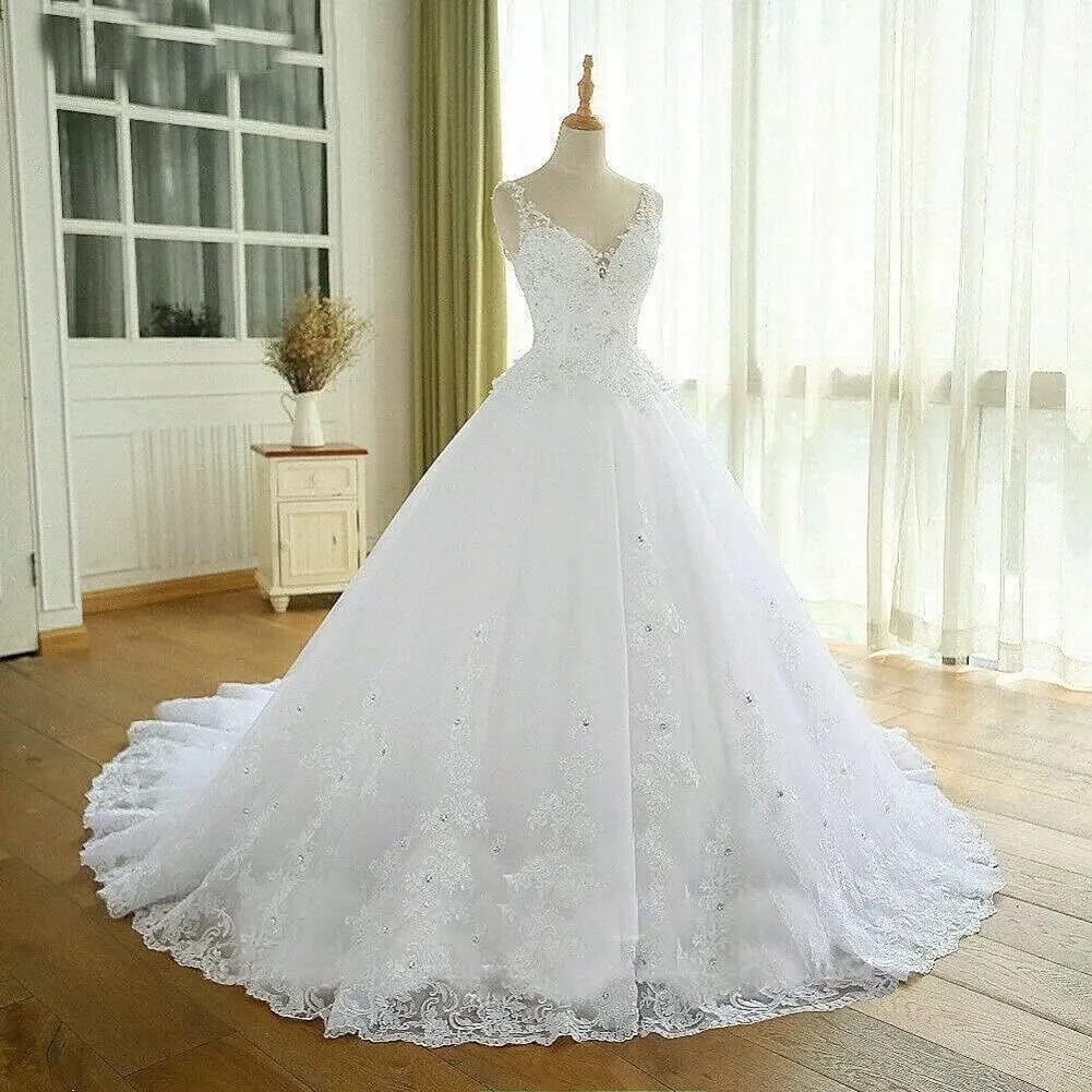 TRHTX Women's V Neck Lace Wedding Dresses for Bride Beaded Appliques Bridal Gowns Sleeveless White Wedding Gowns