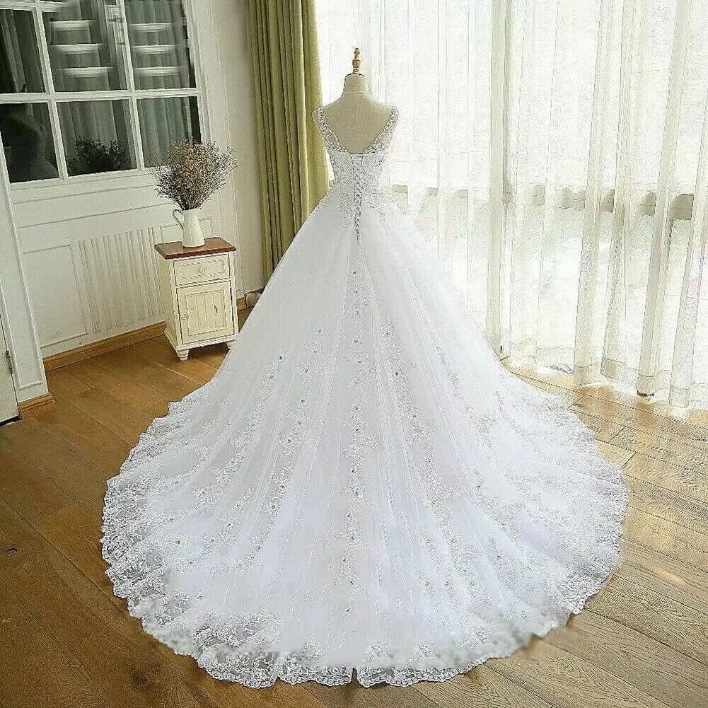 TRHTX Women's V Neck Lace Wedding Dresses for Bride Beaded Appliques Bridal Gowns Sleeveless White Wedding Gowns