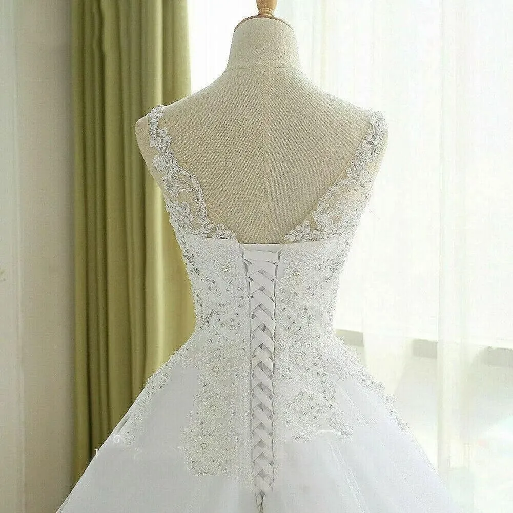 TRHTX Women's V Neck Lace Wedding Dresses for Bride Beaded Appliques Bridal Gowns Sleeveless White Wedding Gowns