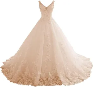 TRHTX Women's V Neck Lace Wedding Dresses for Bride Beaded Appliques Bridal Gowns Sleeveless White Wedding Gowns