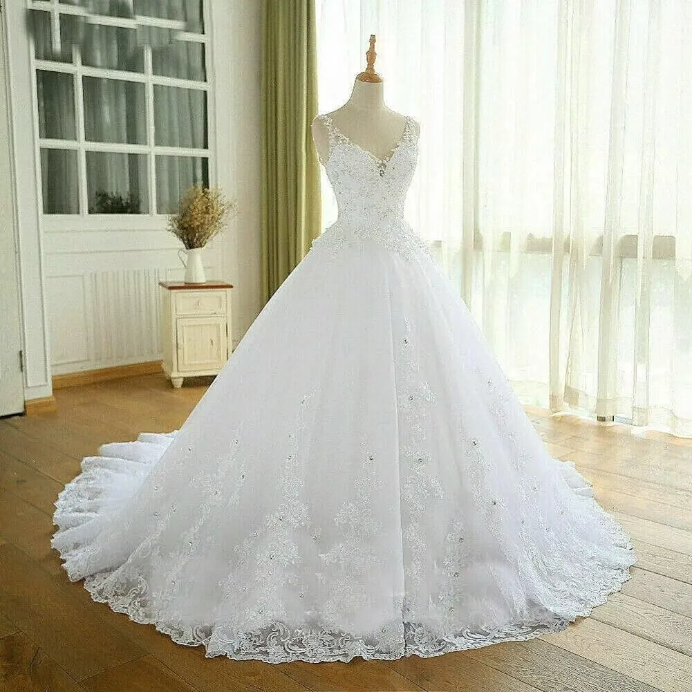 TRHTX Women's V Neck Lace Wedding Dresses for Bride Beaded Appliques Bridal Gowns Sleeveless White Wedding Gowns