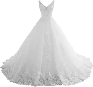 TRHTX Women's V Neck Lace Wedding Dresses for Bride Beaded Appliques Bridal Gowns Sleeveless White Wedding Gowns