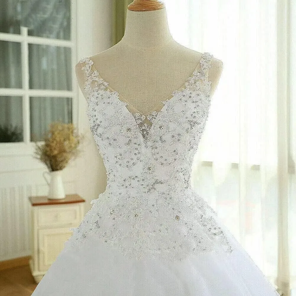 TRHTX Women's V Neck Lace Wedding Dresses for Bride Beaded Appliques Bridal Gowns Sleeveless White Wedding Gowns