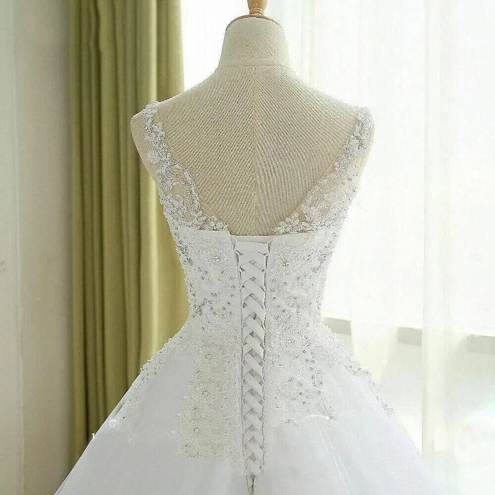 TRHTX Women's V Neck Lace Wedding Dresses for Bride Beaded Appliques Bridal Gowns Sleeveless White Wedding Gowns