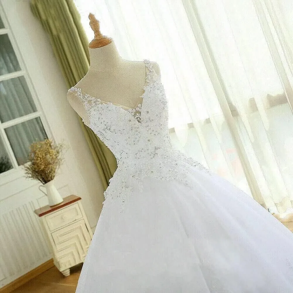 TRHTX Women's V Neck Lace Wedding Dresses for Bride Beaded Appliques Bridal Gowns Sleeveless White Wedding Gowns