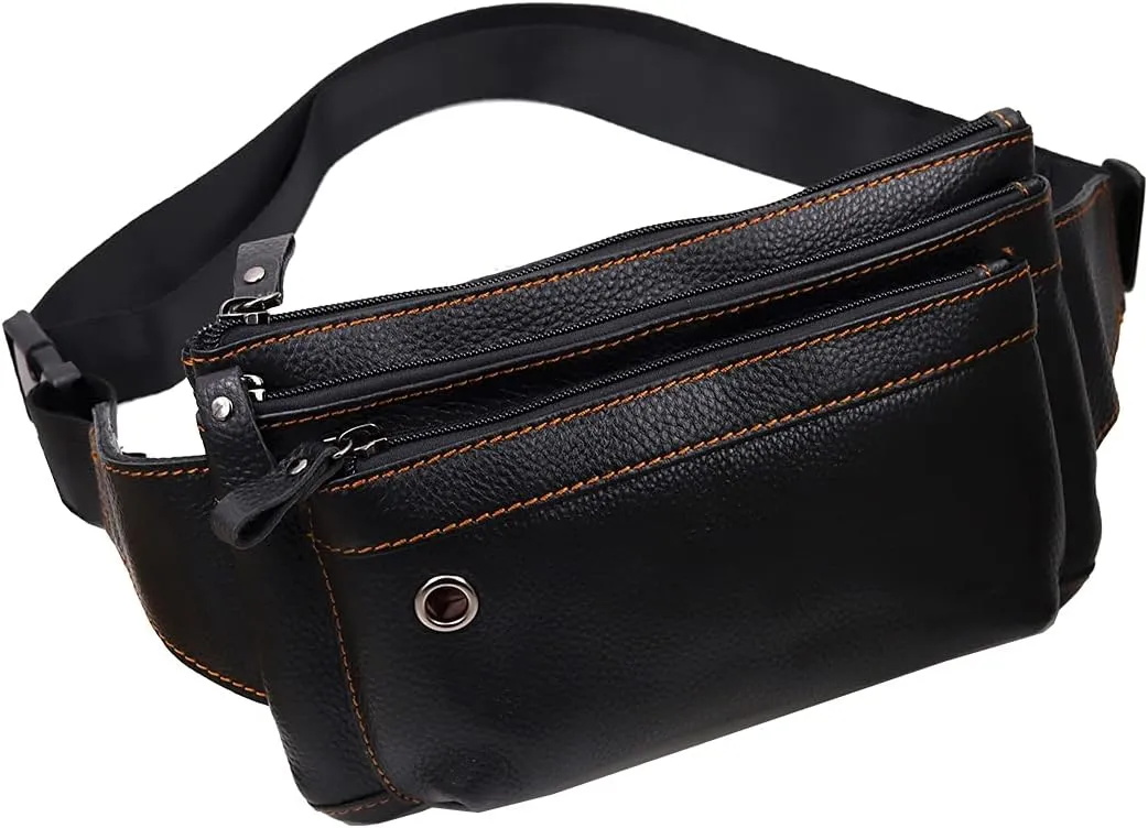 Triple Pocket fanny pack Genuine Leather waist bag slim sling bag Hip Purse Adjustable Belt strap Casual Pouch Outdoor Day bag (Hole Black)