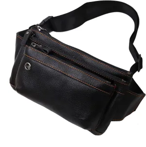 Triple Pocket fanny pack Genuine Leather waist bag slim sling bag Hip Purse Adjustable Belt strap Casual Pouch Outdoor Day bag (Hole Black)