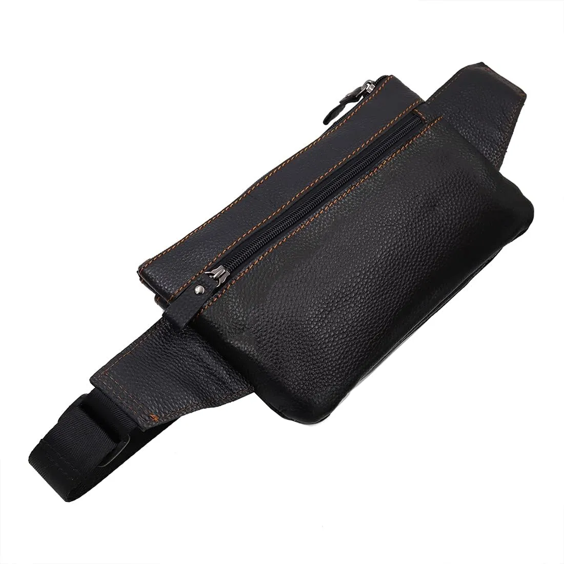 Triple Pocket fanny pack Genuine Leather waist bag slim sling bag Hip Purse Adjustable Belt strap Casual Pouch Outdoor Day bag (Hole Black)