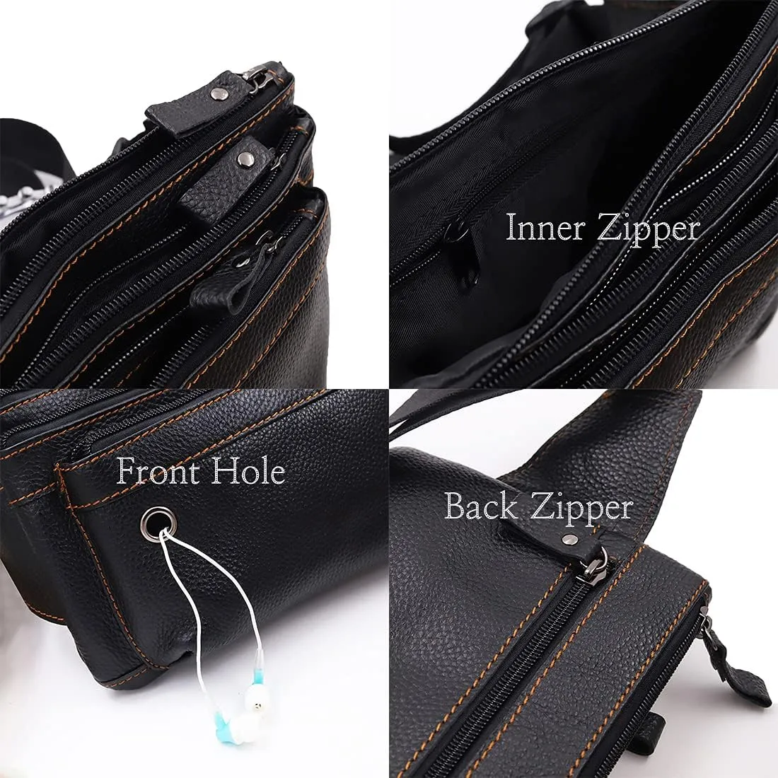 Triple Pocket fanny pack Genuine Leather waist bag slim sling bag Hip Purse Adjustable Belt strap Casual Pouch Outdoor Day bag (Hole Black)