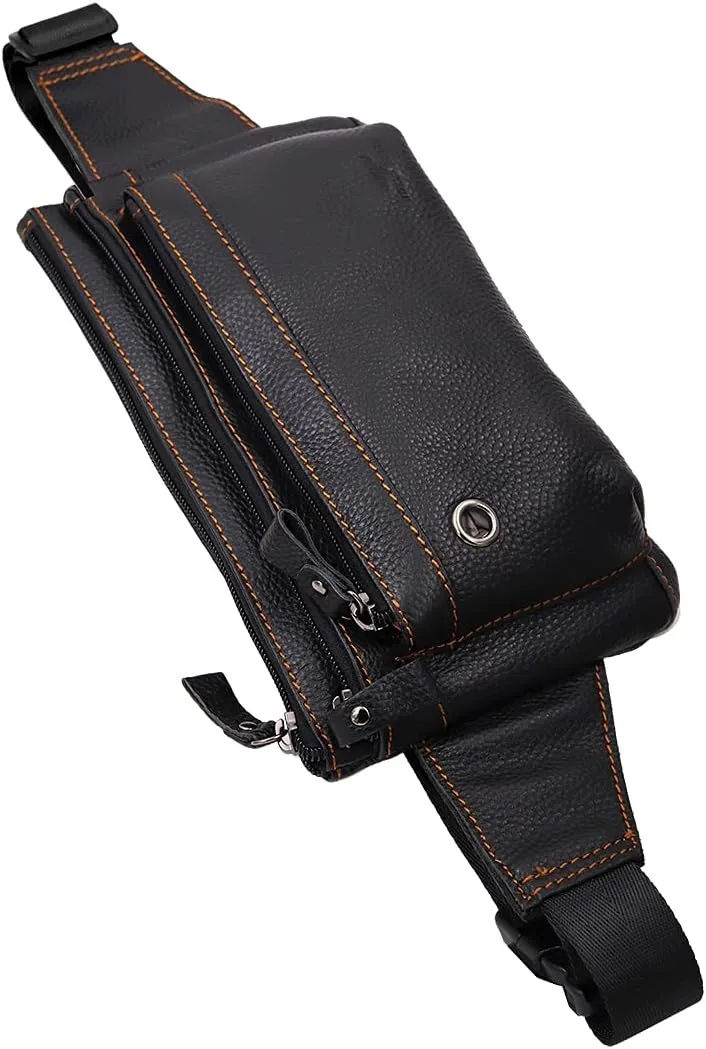 Triple Pocket fanny pack Genuine Leather waist bag slim sling bag Hip Purse Adjustable Belt strap Casual Pouch Outdoor Day bag (Hole Black)
