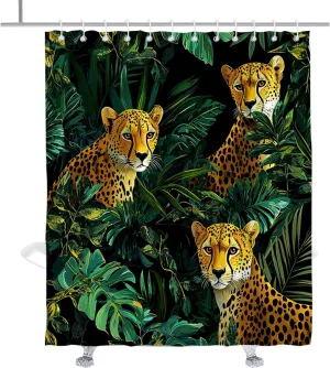 Tropical Animal Shower Curtain Green Jungle Leopard Print Shower Curtains Set Cool Vintage Wildlife Animals Minimalist Bathroom Decor Accessory with Hooks 72" W x 84" H