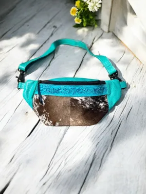 Turquoise Tooled Leather Cowhide Fanny Pack