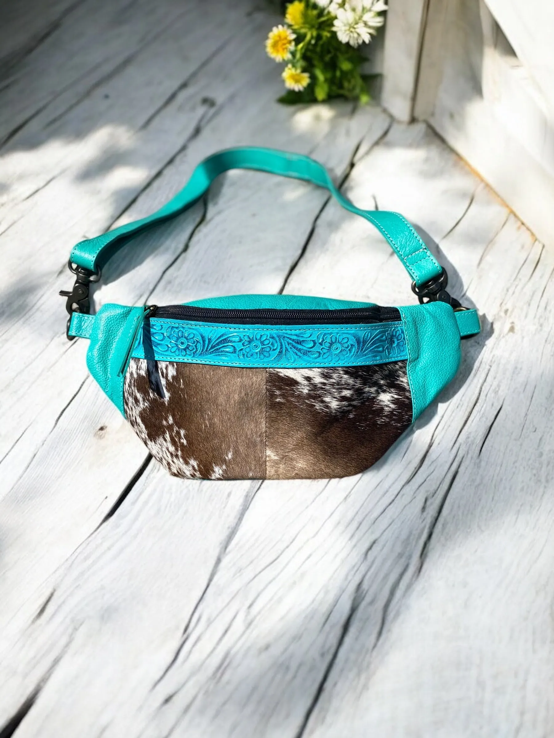 Turquoise Tooled Leather Cowhide Fanny Pack