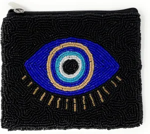 TWINE AND LOVE Evil Eye Beaded Pouch Purse, Black Beaded Coin Purse, Coin Pouch Small Wallets Card Holder Bag, Evil Eye Card Case Wallet, Birthday Gift, CP0494