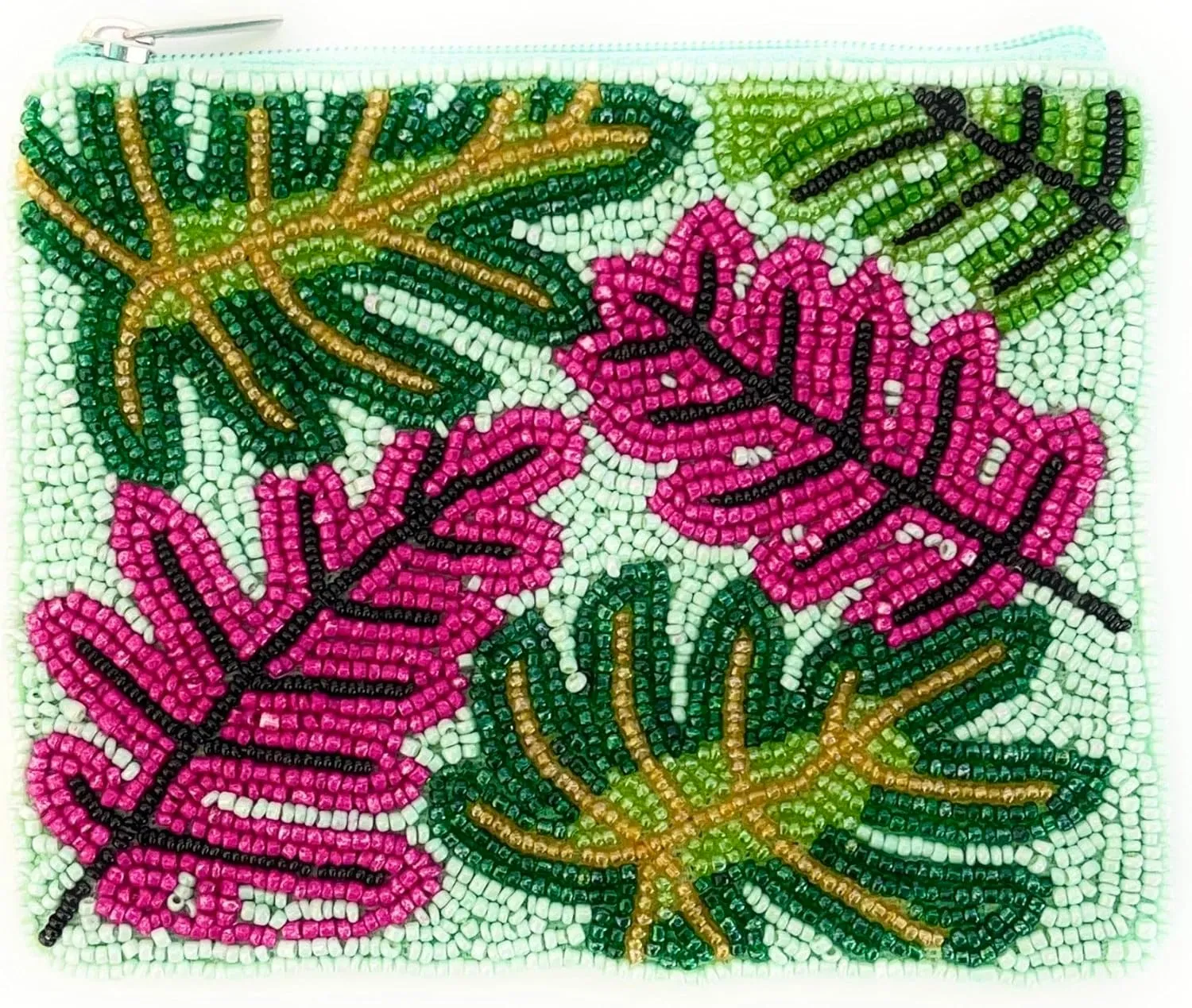 TWINE AND LOVE Palm Leaves Beaded Coin Purse, Tropical Beaded Pouch, Small Wallets for Her, Birthday Gifts, Cute Pouch Purse, Beaded Purse, Gift Card Bag, Green, CP0494