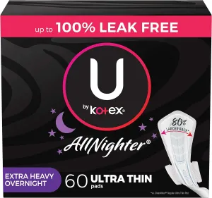 U by Kotex AllNighter Extra Heavy Overnight Feminine Pads with Wings, Ultra Thin, 60 Count (3 Packs of 20) (Packaging May Vary)