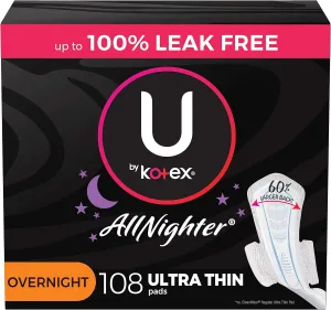 U by Kotex AllNighter Overnight Feminine Pads with Wings, Ultra Thin, 108 Count (3 Packs of 36) (Packaging May Vary)