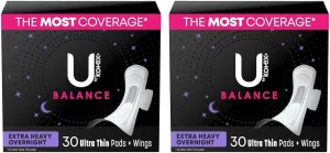 U by Kotex Balance Ultra Thin Overnight Pads with Wings, Extra Heavy Absorbency, 30 Count (Pack of 2)