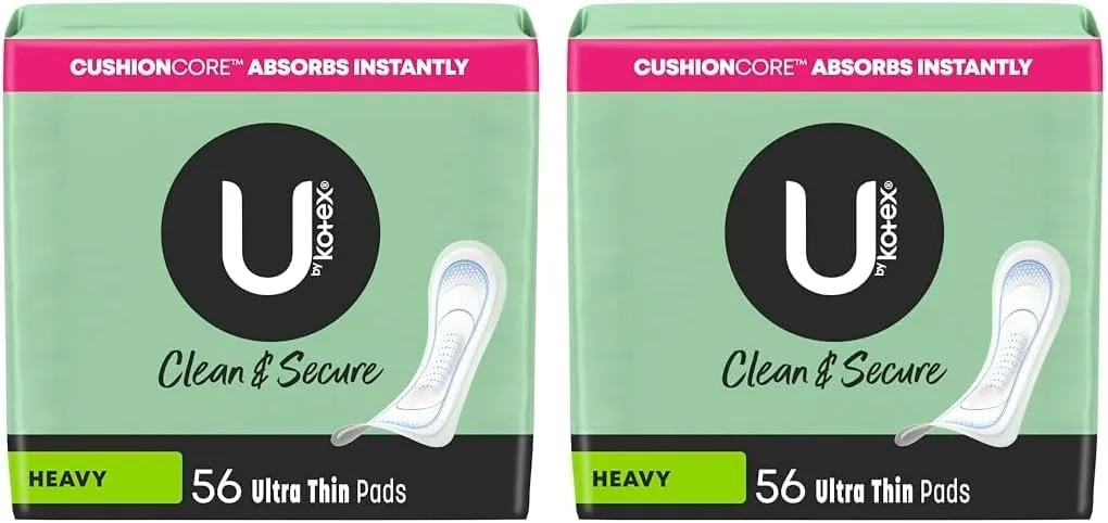 U by Kotex Clean & Secure Ultra Thin Pads, Heavy Absorbency, 56 Count (Packaging May Vary) (Pack of 2)