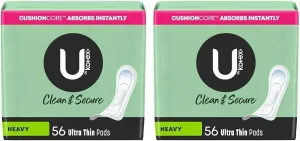 U by Kotex Clean & Secure Ultra Thin Pads, Heavy Absorbency, 56 Count (Packaging May Vary) (Pack of 2)