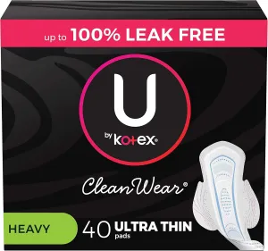 U by Kotex CleanWear Ultra Thin Feminine Pads with Wings, Heavy Absorbency, 40 Count