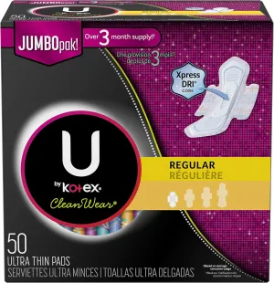 U by Kotex CleanWear Ultra Thin Feminine Pads with Wings, Regular, Fragrance-Free, 50 Count