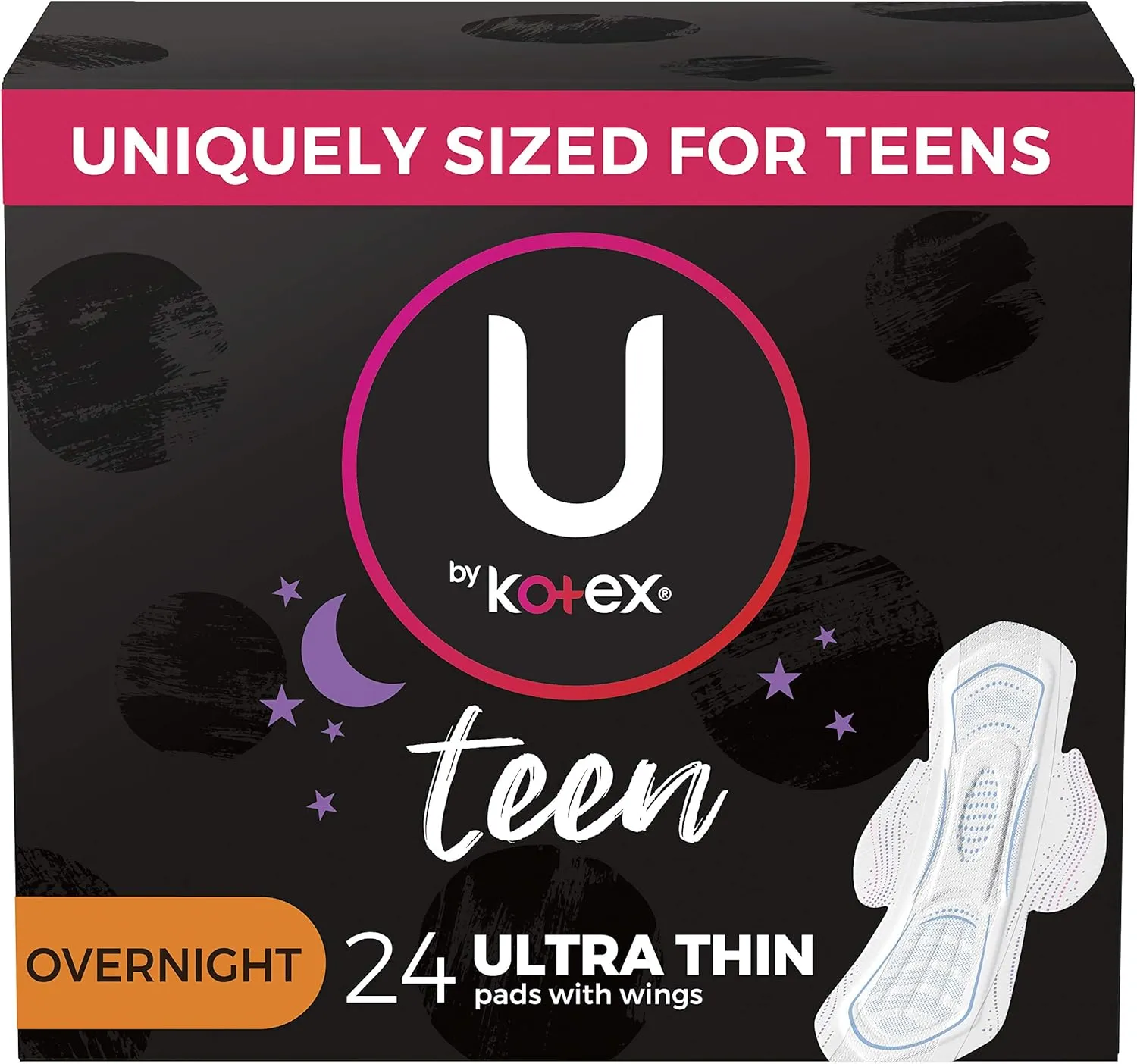 U by Kotex Teen Ultra Thin Feminine Pads with Wings, Overnight, Unscented, 48 Count (Pack of 2)