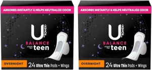 U by Kotex Teen Ultra Thin Feminine Pads with Wings, Overnight, Unscented, 48 Count (Pack of 2)