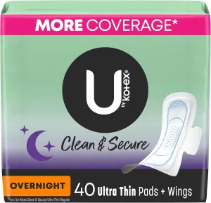 U by Kotex Ultra Thin Pads with Wings, Clean & Secure, Overnight Absorbency, 40 Count (Packaging May Vary)