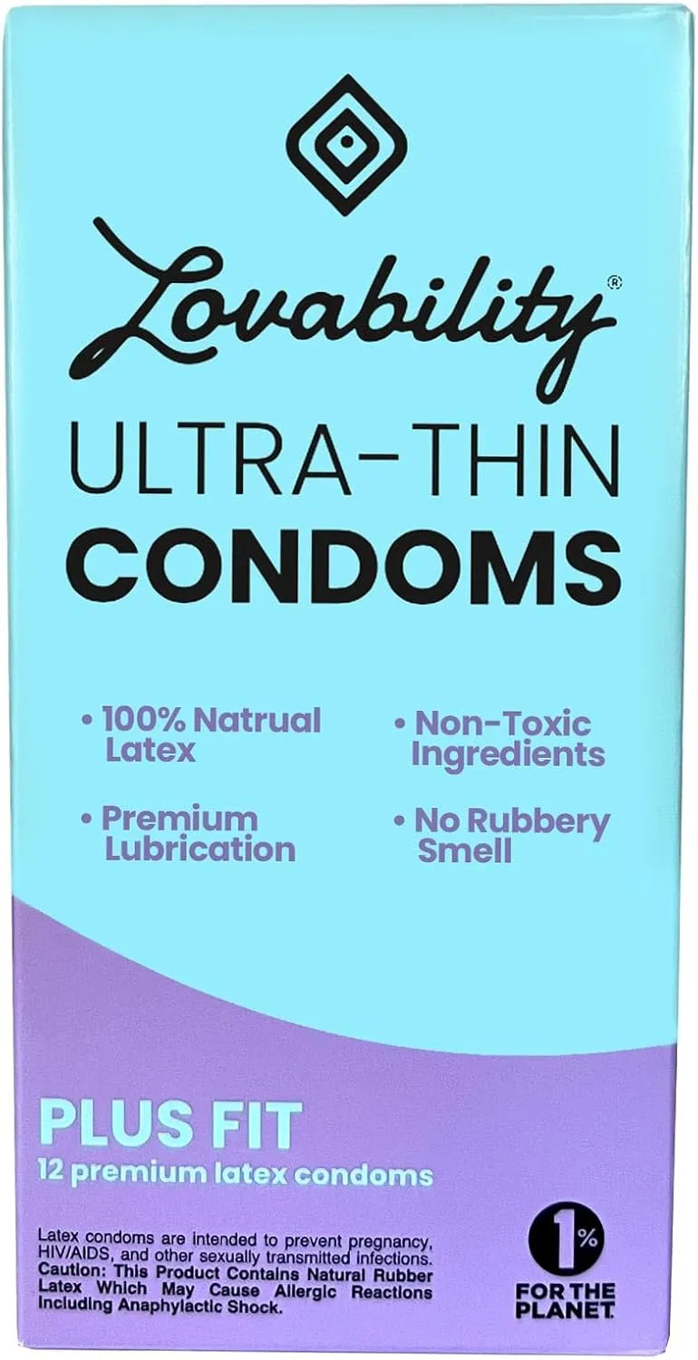 Ultra-Thin Condoms (Plus Fit) | Natural Vegan Latex - Premium Lubrication - Easy Open - OB/GYN-Approved - pH-Friendly - No Rubber Smell - 12 Pack