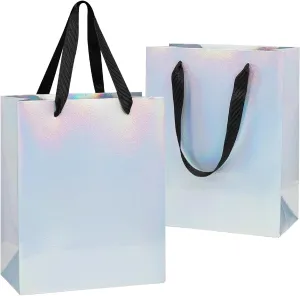 UnicoPak Iridescent Gift Bags Medium Size 8x4x10 20Pcs, Glossy Finish Waterproof Surface with Embossed Pattern, Gift Bags with Handles Holographic Gift Bags for Birthday, Party, Wedding, Shopping