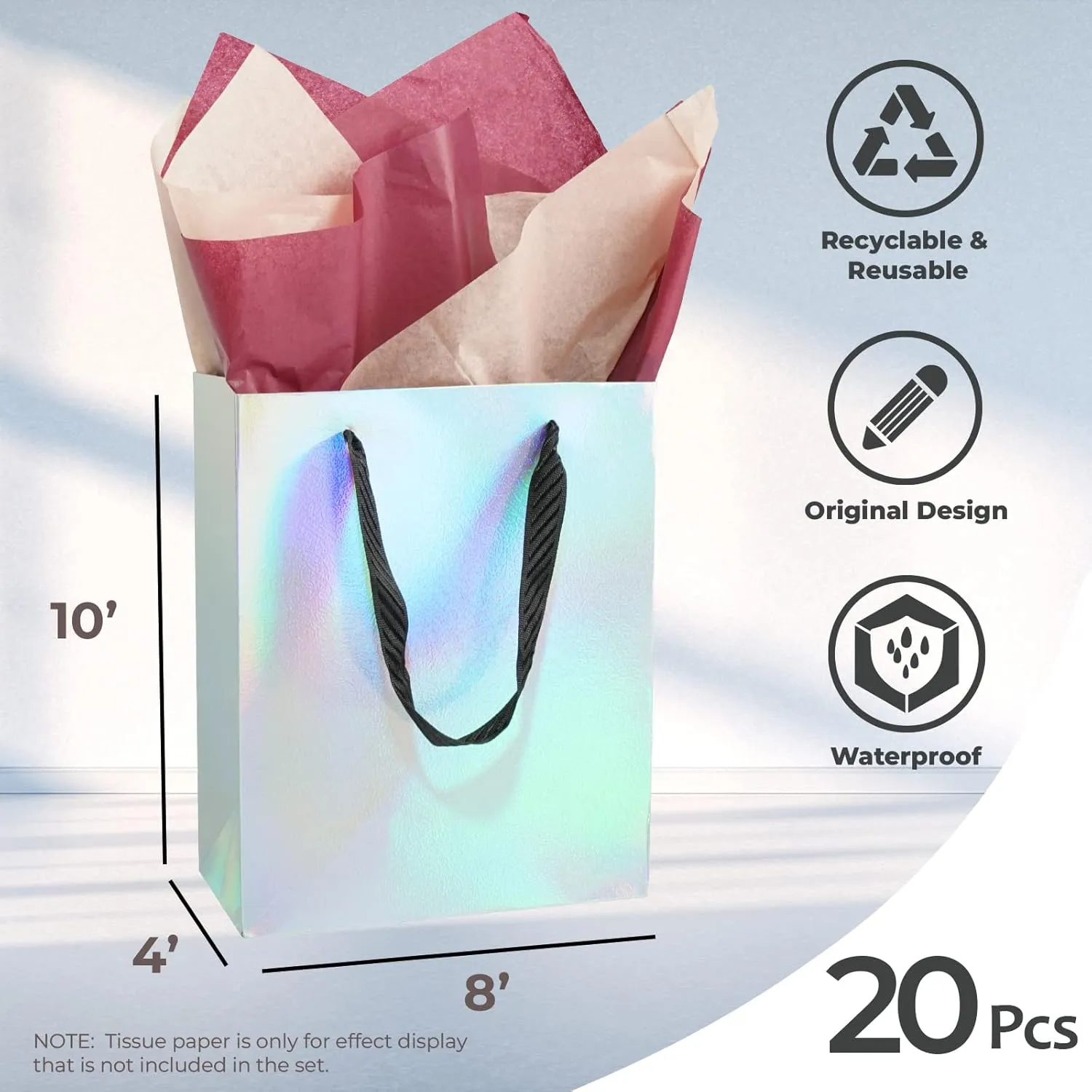 UnicoPak Iridescent Gift Bags Medium Size 8x4x10 20Pcs, Glossy Finish Waterproof Surface with Embossed Pattern, Gift Bags with Handles Holographic Gift Bags for Birthday, Party, Wedding, Shopping