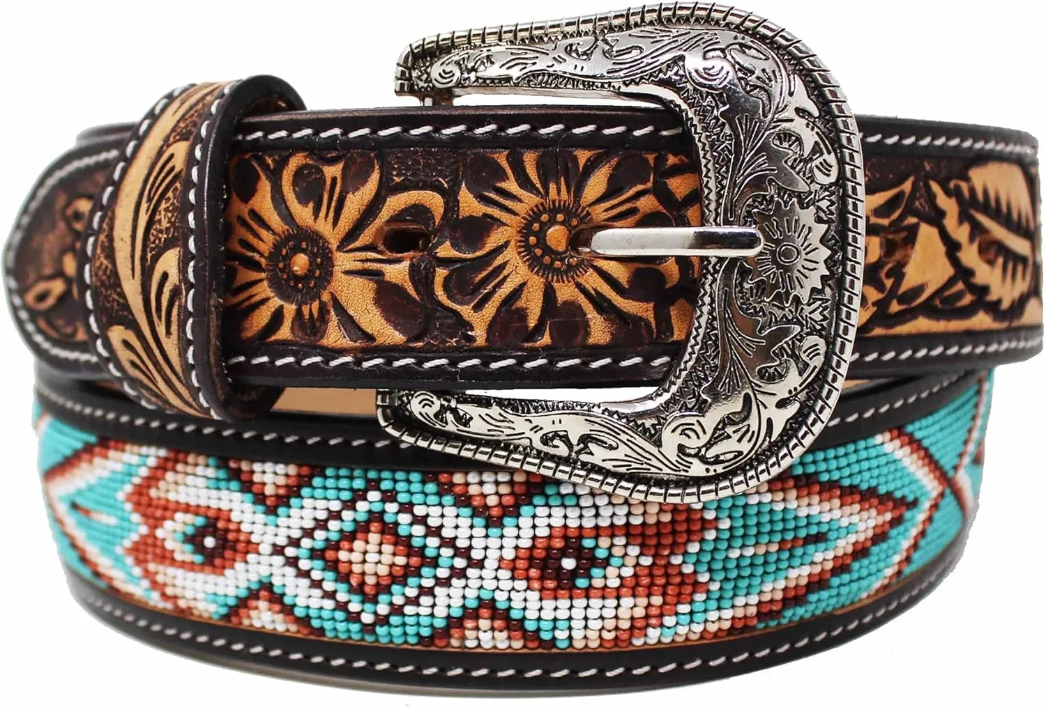 Unisex 1.5" Western Floral Tooled Beaded Full-Grain Leather Belt 26RT41B