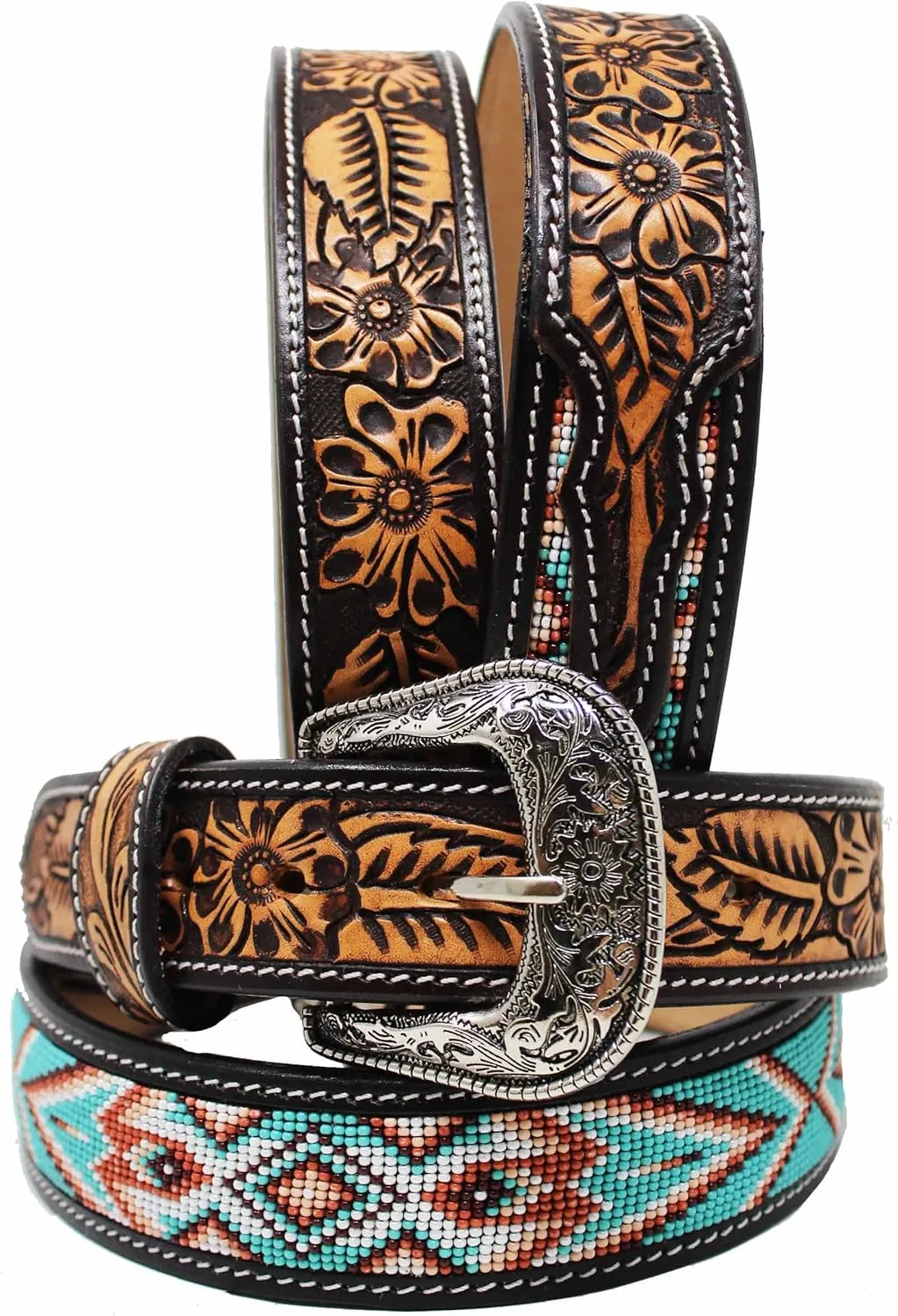 Unisex 1.5" Western Floral Tooled Beaded Full-Grain Leather Belt 26RT41B