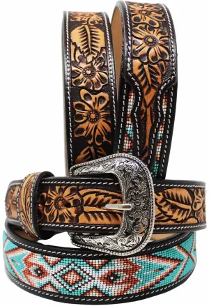 Unisex 1.5" Western Floral Tooled Beaded Full-Grain Leather Belt 26RT41B