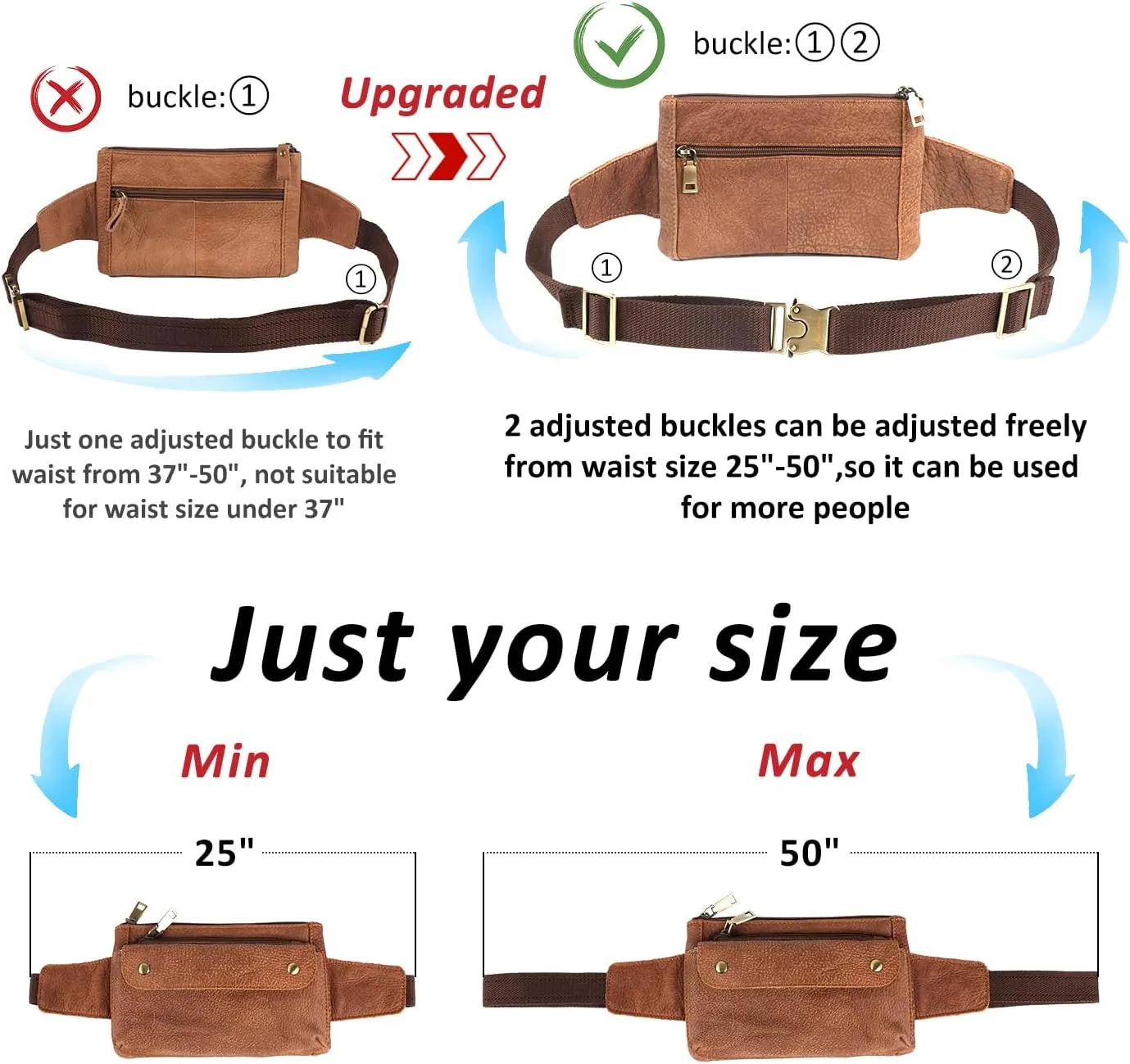 Unisex Brown Genuine Leather Waist Bag Messenger Fanny Pack Bum Bag For Men Women Travel Sports Running Hiking