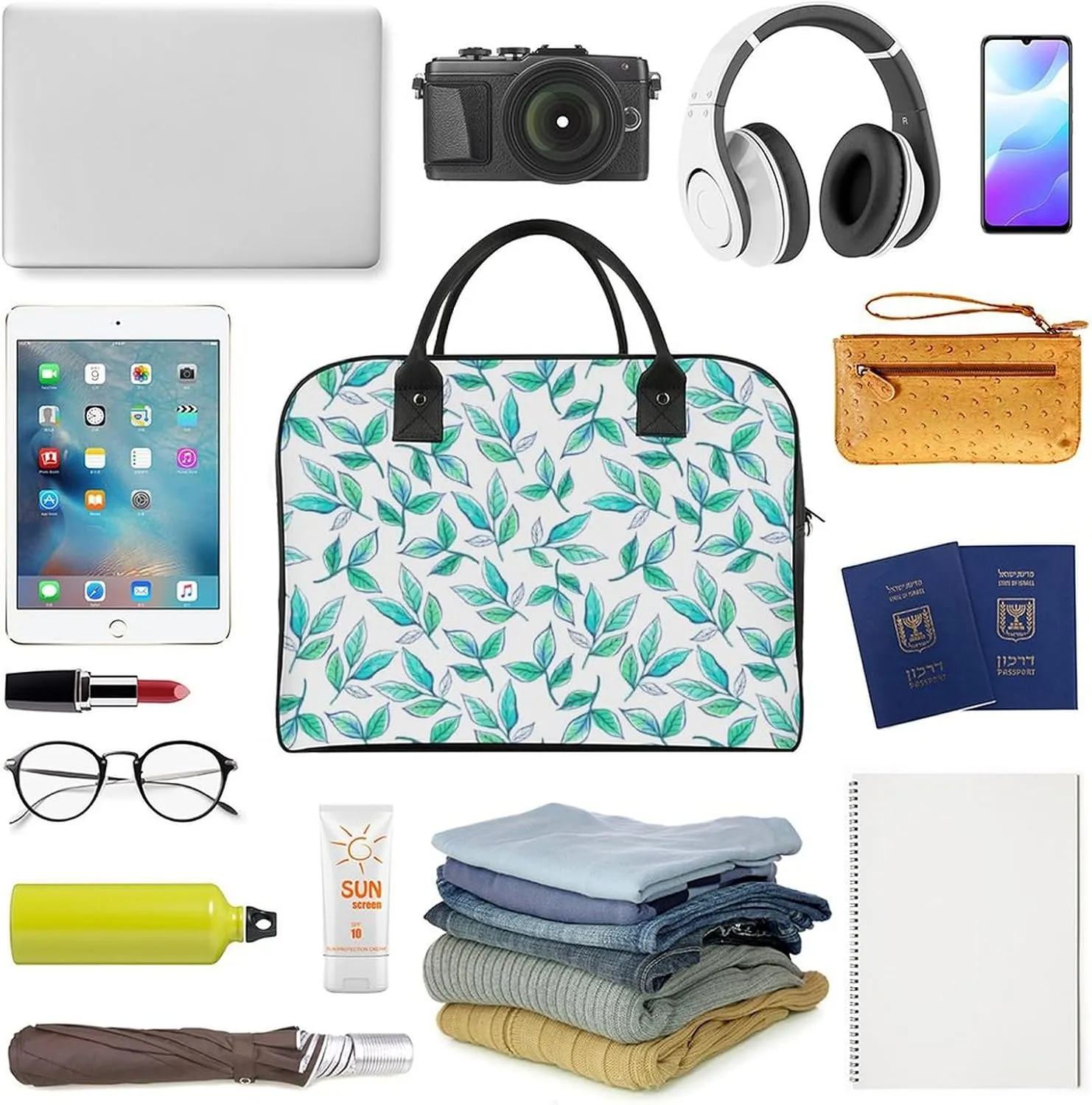Unisex Crossbody Nylon Blue Leaves Fashion Handbag for Journey 13" X 19" X 8"