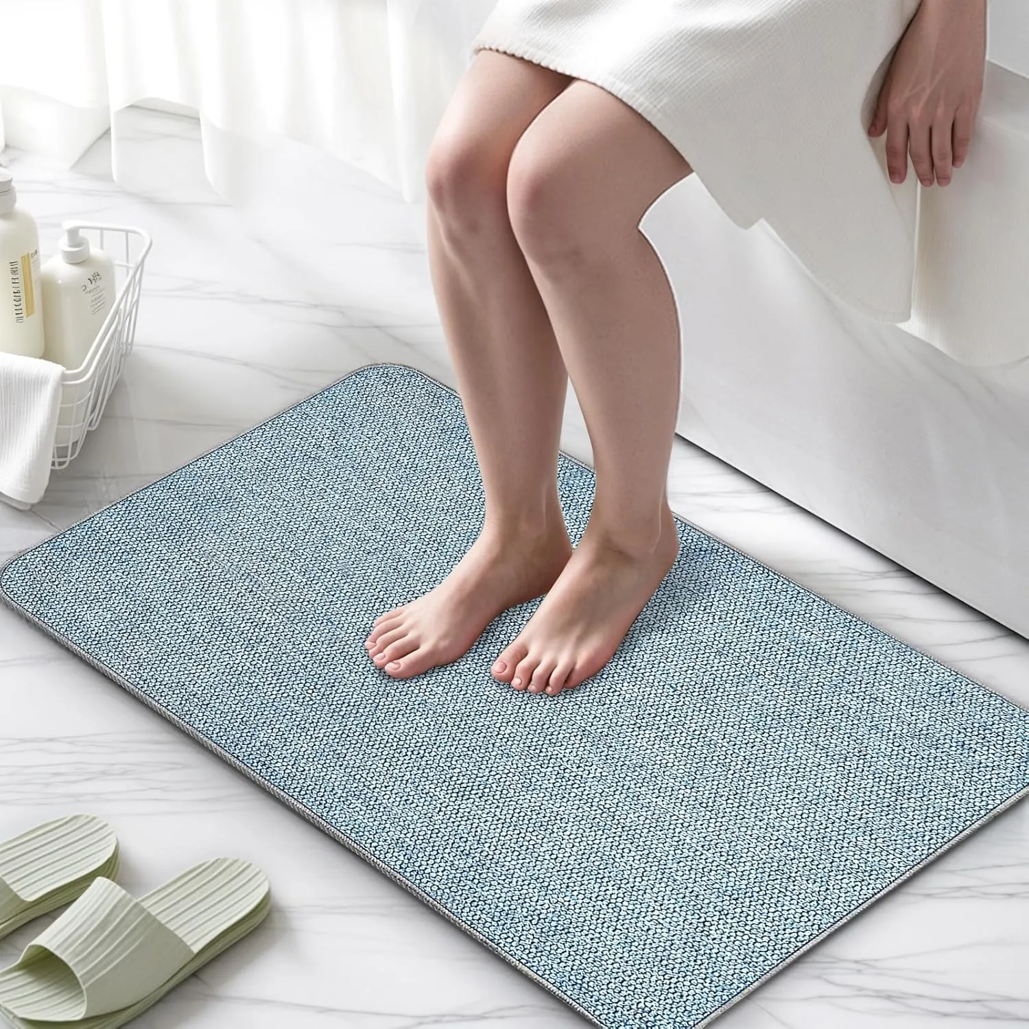 Upgraded Thin Bathroom Rugs, Bath Mat Super Absorbent, Bath Rugs Rubber Backing Non-Slip, Quick Dry Machine Washable, Cozy Cloth Bathroom Mat fit Under Door/Sink/ Bathtub/Area Rug Sets 24''x36''-Blue