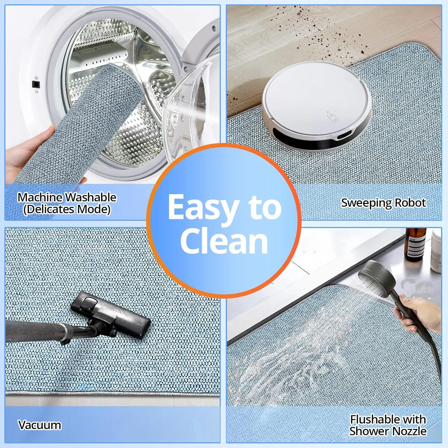 Upgraded Thin Bathroom Rugs, Bath Mat Super Absorbent, Bath Rugs Rubber Backing Non-Slip, Quick Dry Machine Washable, Cozy Cloth Bathroom Mat fit Under Door/Sink/ Bathtub/Area Rug Sets 24''x36''-Blue