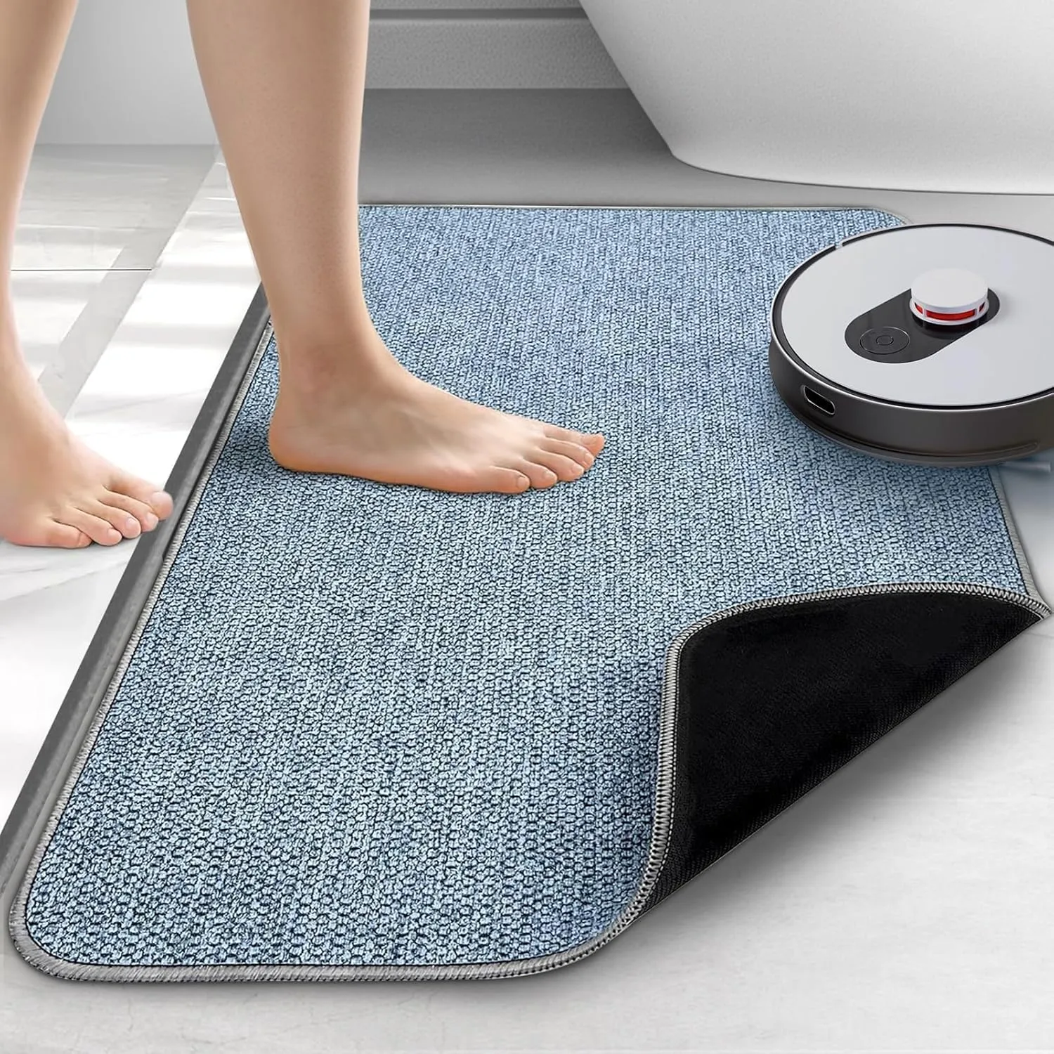 Upgraded Thin Bathroom Rugs, Bath Mat Super Absorbent, Bath Rugs Rubber Backing Non-Slip, Quick Dry Machine Washable, Cozy Cloth Bathroom Mat fit Under Door/Sink/ Bathtub/Area Rug Sets 24''x36''-Blue