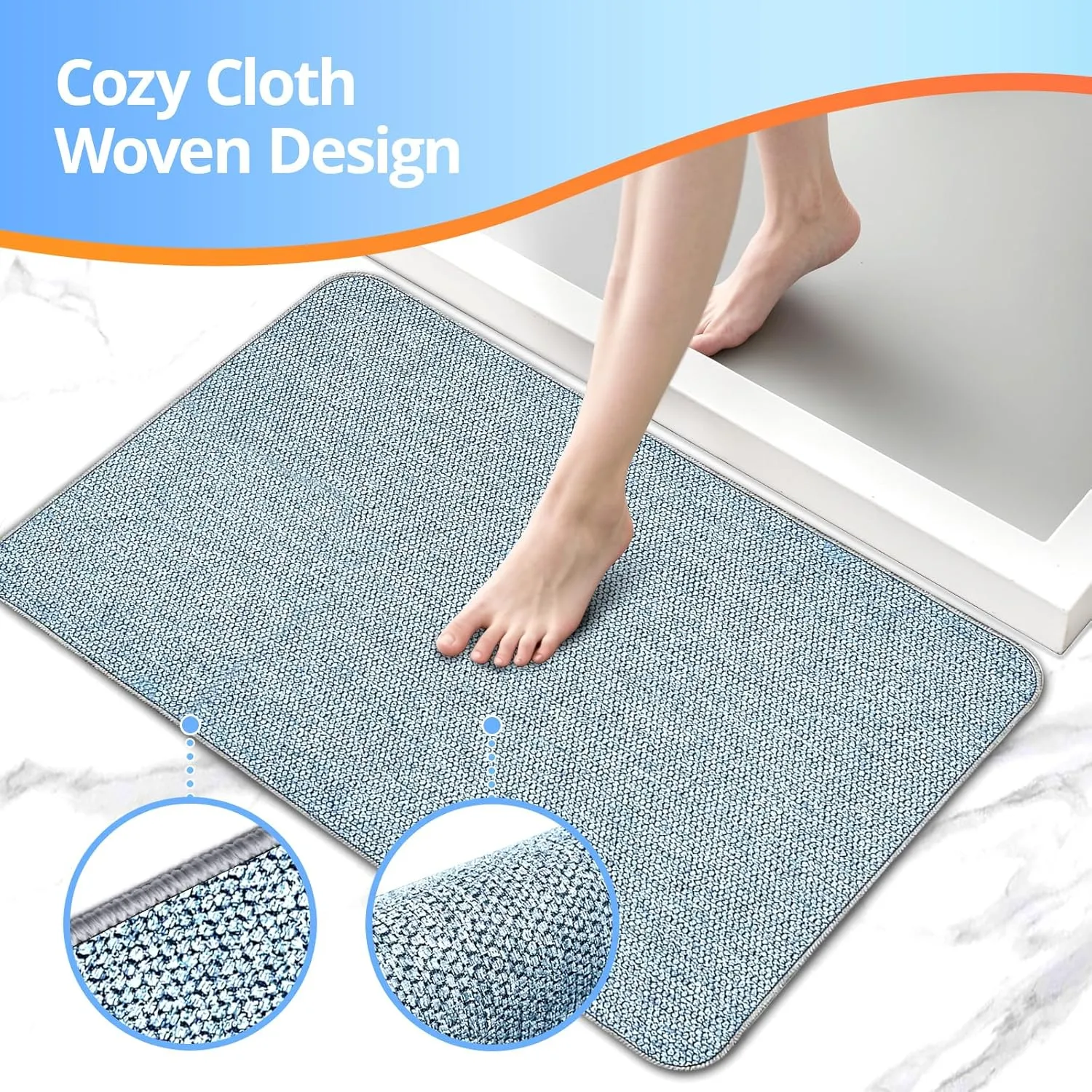 Upgraded Thin Bathroom Rugs, Bath Mat Super Absorbent, Bath Rugs Rubber Backing Non-Slip, Quick Dry Machine Washable, Cozy Cloth Bathroom Mat fit Under Door/Sink/ Bathtub/Area Rug Sets 24''x36''-Blue